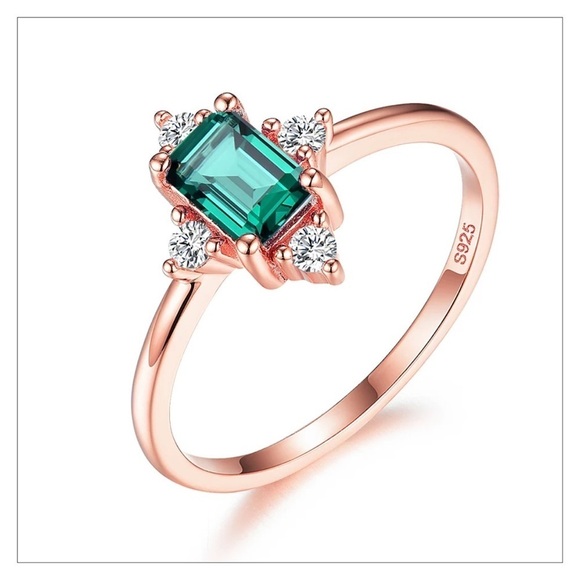 New Rose Gold Plated Sterling Silver Rectangular Emerald Gemstone Ring - Picture 3 of 6